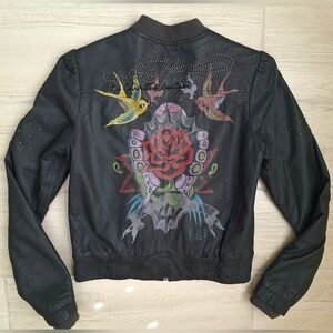 Ed Hardy By Christian Audigier Women's Y2K Tattoo Leather Moto Jacket - Large